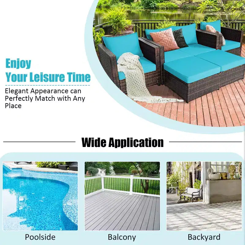 Costway 5PCS Patio Rattan Furniture Set Loveseat Sofa Ottoman Cushioned Red\White