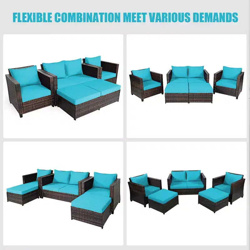 Costway 5PCS Patio Rattan Furniture Set Loveseat Sofa Ottoman Cushioned Red\White