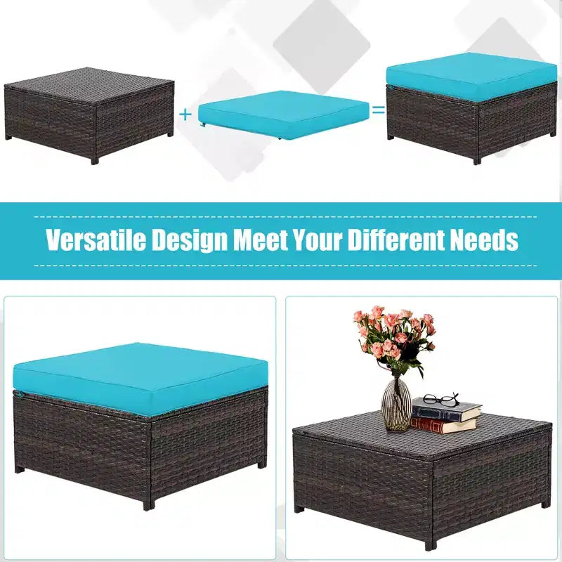 Costway 5PCS Patio Rattan Furniture Set Loveseat Sofa Ottoman Cushioned Red\White