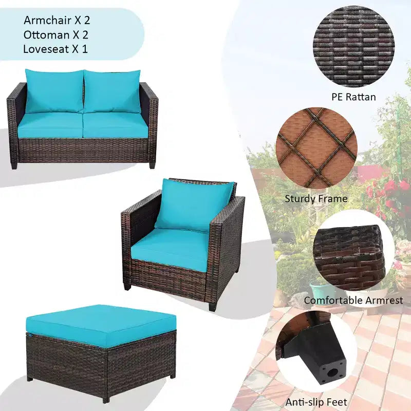 Costway 5PCS Patio Rattan Furniture Set Loveseat Sofa Ottoman Cushioned Red\White