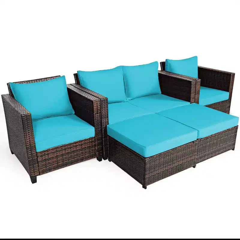 Costway 5PCS Patio Rattan Furniture Set Loveseat Sofa Ottoman Cushioned Red\White