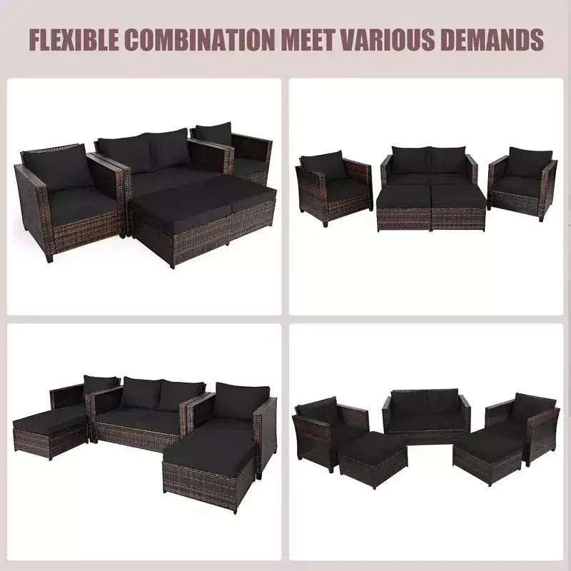 Costway 5PCS Patio Rattan Furniture Set Loveseat Sofa Ottoman Cushioned Red\White