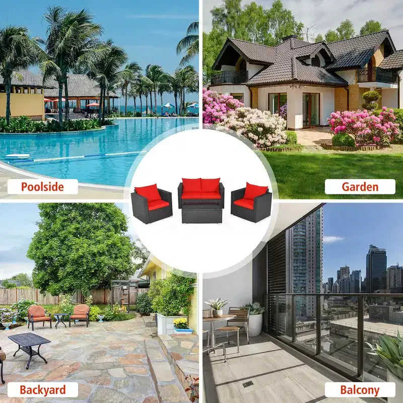 Costway 8PCS Patio Rattan Furniture Set Cushioned Sofa Chair Coffee Table Turquoise\Red\Black