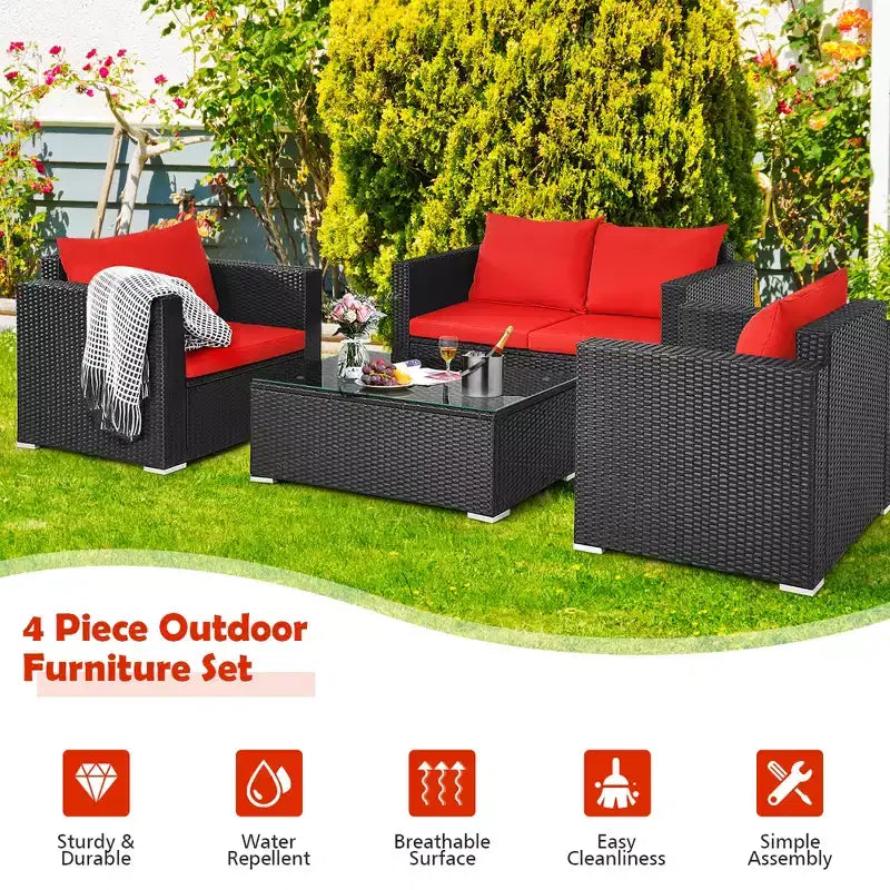 Costway 8PCS Patio Rattan Furniture Set Cushioned Sofa Chair Coffee Table Turquoise\Red\Black