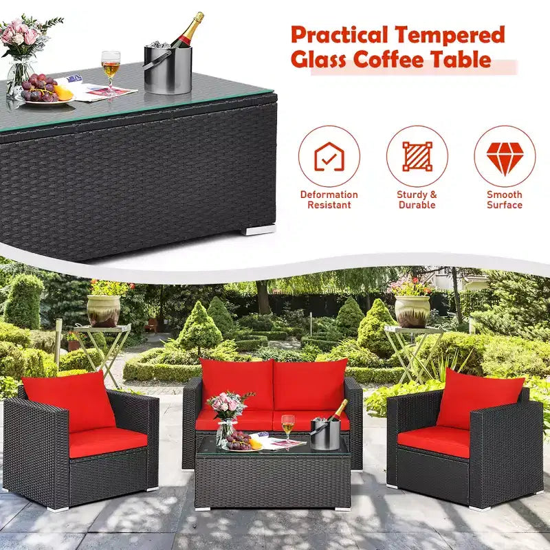 Costway 8PCS Patio Rattan Furniture Set Cushioned Sofa Chair Coffee Table Turquoise\Red\Black