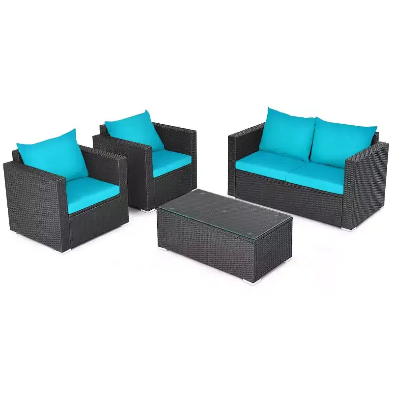 Costway 8PCS Patio Rattan Furniture Set Cushioned Sofa Chair Coffee Table Turquoise\Red\Black