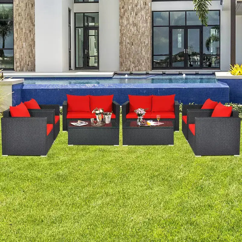 Costway 8-tlg. Rattan-Terrassenmöbel-Set gepolstertes Sofa Stuhl Couchtisch Türkis/Rot/Schwarz