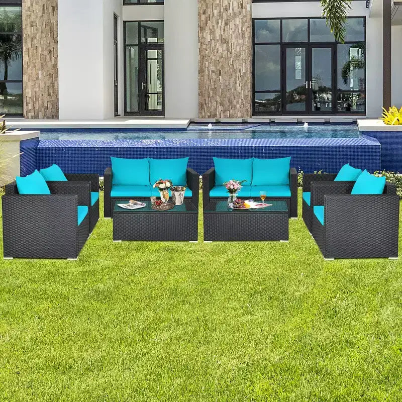 Costway 8-tlg. Rattan-Terrassenmöbel-Set gepolstertes Sofa Stuhl Couchtisch Türkis/Rot/Schwarz