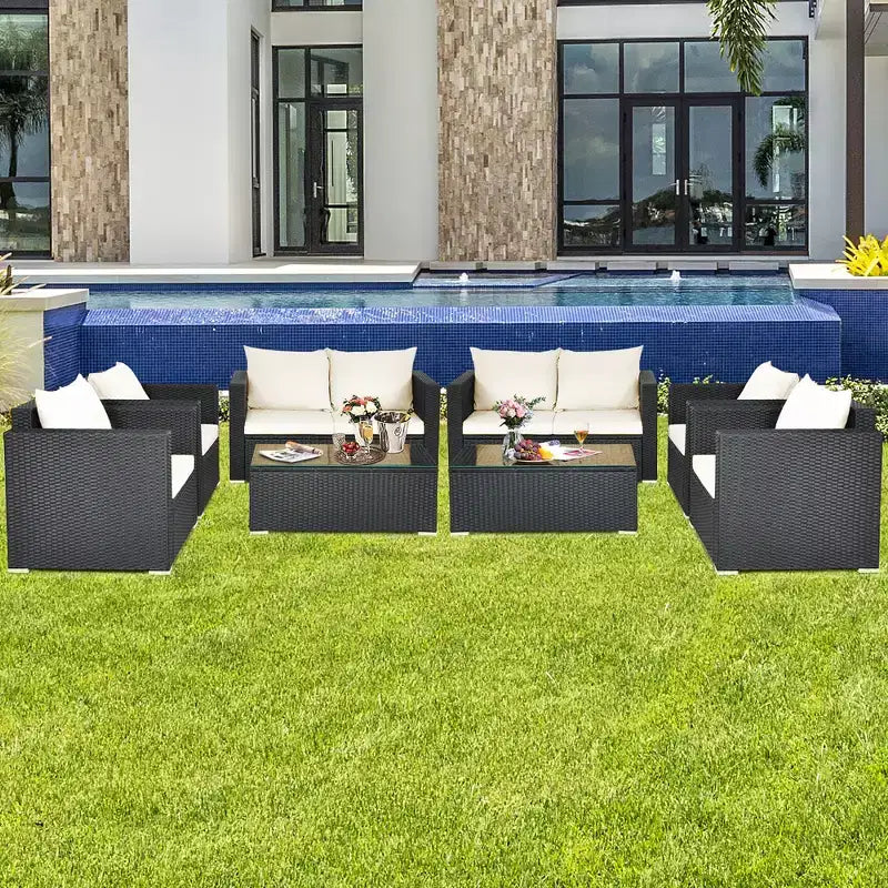 Costway 8-tlg. Rattan-Terrassenmöbel-Set gepolstertes Sofa Stuhl Couchtisch Türkis/Rot/Schwarz