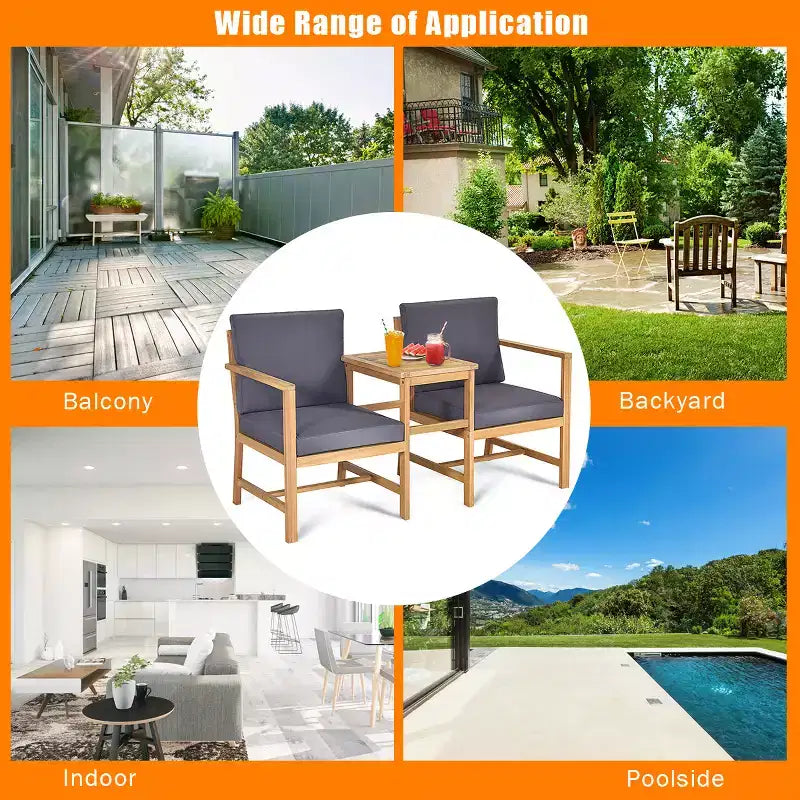 Costway 3 in 1 Patio Table Chairs Set Solid Wood Garden Furniture