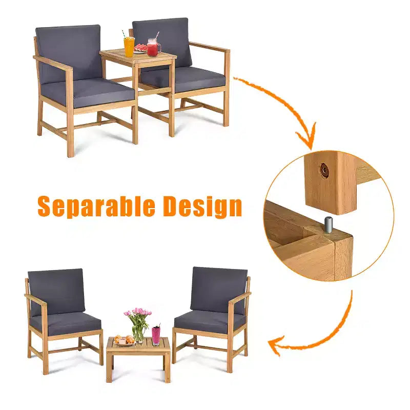 Costway 3 in 1 Patio Table Chairs Set Solid Wood Garden Furniture