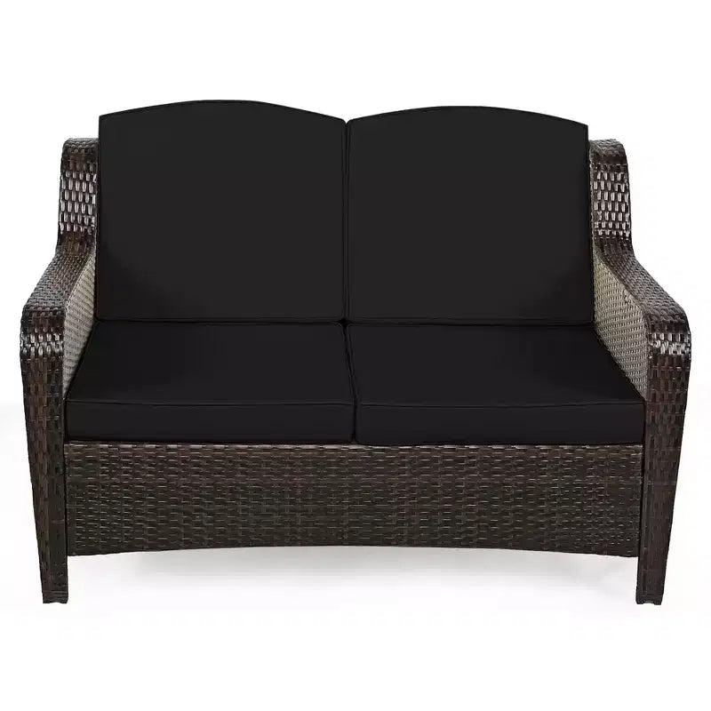 Costway 5PCS Patio Rattan Furniture Set Loveseat Sofa Ottoman W/Red\White Cushion