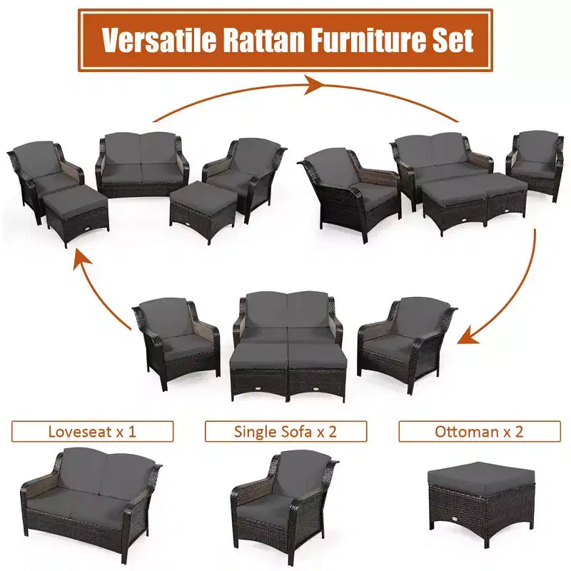Costway 5PCS Patio Rattan Furniture Set Loveseat Sofa Ottoman W/Red\White Cushion