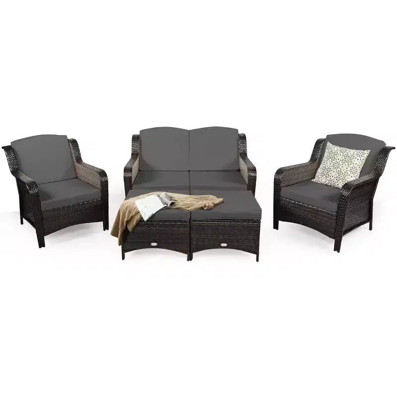 Costway 5PCS Patio Rattan Furniture Set Loveseat Sofa Ottoman W/Red\White Cushion