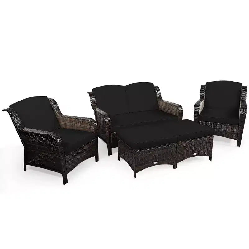 Costway 5PCS Patio Rattan Furniture Set Loveseat Sofa Ottoman W/Red\White Cushion