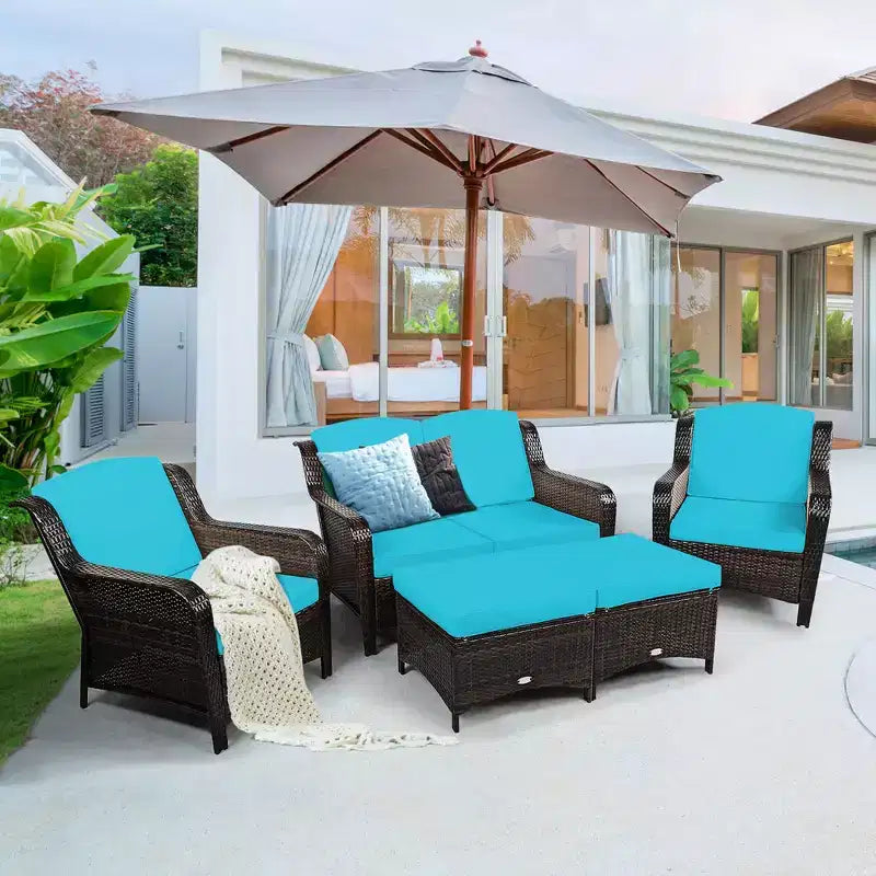 Costway 5PCS Patio Rattan Furniture Set Loveseat Sofa Ottoman W/Red\White Cushion