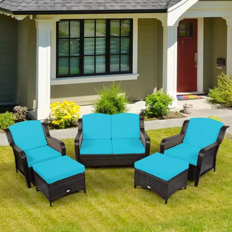 Costway 5PCS Patio Rattan Furniture Set Loveseat Sofa Ottoman W/Red\White Cushion
