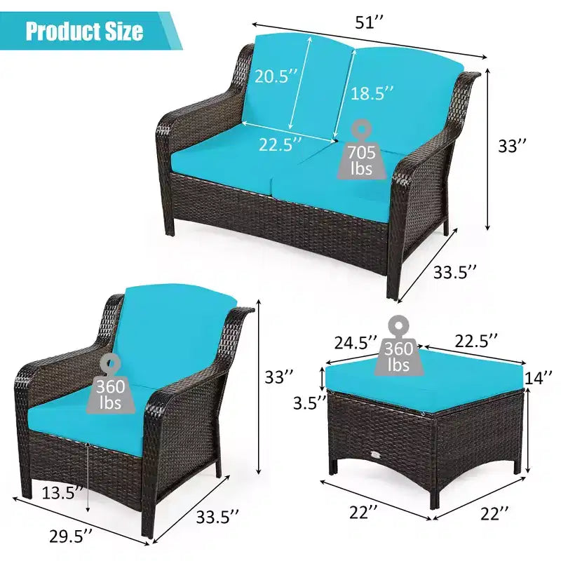 Costway 5PCS Patio Rattan Furniture Set Loveseat Sofa Ottoman W/Red\White Cushion