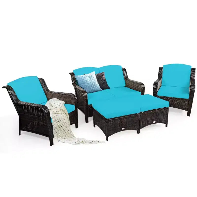 Costway 5PCS Patio Rattan Furniture Set Loveseat Sofa Ottoman W/Red\White Cushion