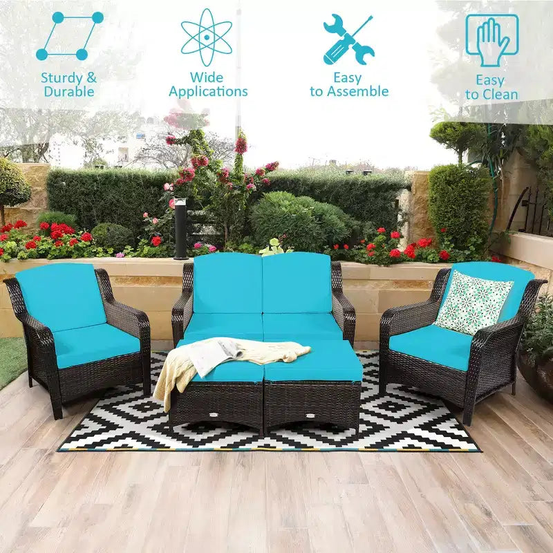 Costway 5PCS Patio Rattan Furniture Set Loveseat Sofa Ottoman W/Red\White Cushion
