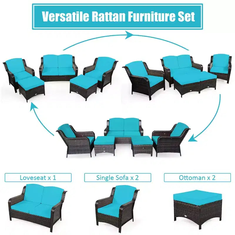 Costway 5PCS Patio Rattan Furniture Set Loveseat Sofa Ottoman W/Red\White Cushion