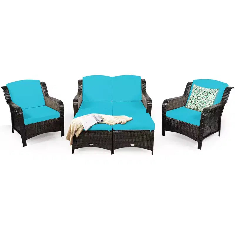 Costway 5PCS Patio Rattan Furniture Set Loveseat Sofa Ottoman W/Red\White Cushion