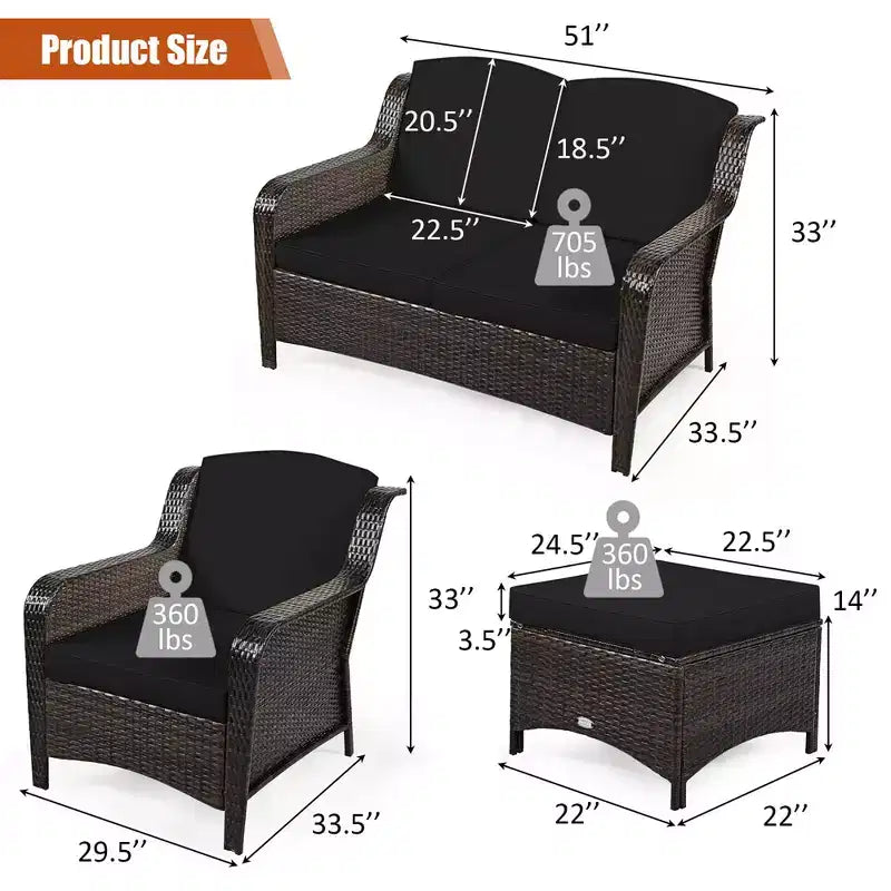 Costway 5PCS Patio Rattan Furniture Set Loveseat Sofa Ottoman W/Red\White Cushion