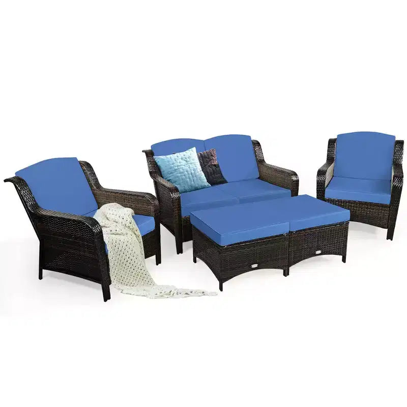 Costway 5PCS Patio Rattan Furniture Set Loveseat Sofa Ottoman W/Red\White Cushion
