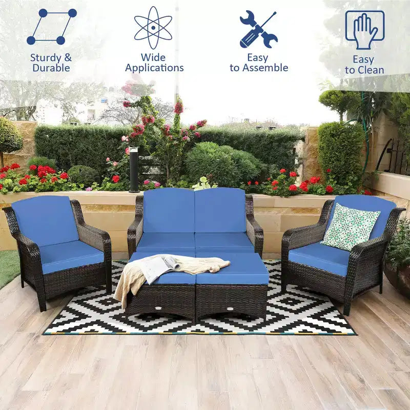 Costway 5PCS Patio Rattan Furniture Set Loveseat Sofa Ottoman W/Red\White Cushion
