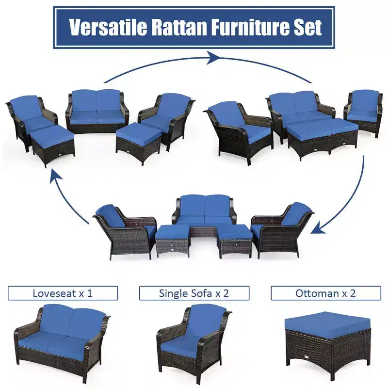Costway 5PCS Patio Rattan Furniture Set Loveseat Sofa Ottoman W/Red\White Cushion