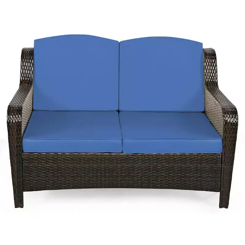 Costway 5PCS Patio Rattan Furniture Set Loveseat Sofa Ottoman W/Red\White Cushion
