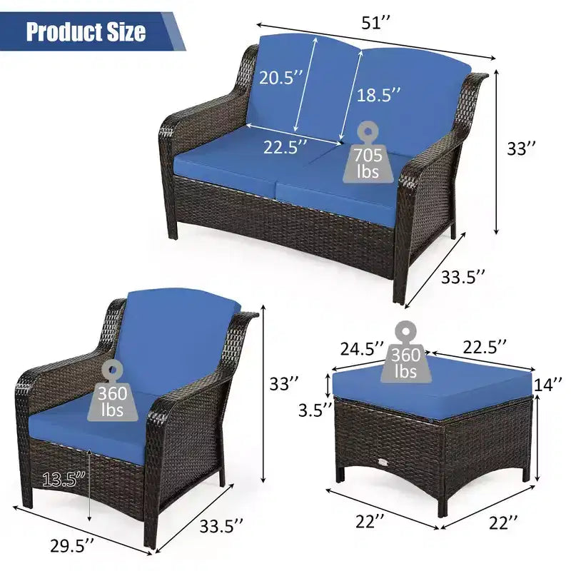 Costway 5PCS Patio Rattan Furniture Set Loveseat Sofa Ottoman W/Red\White Cushion