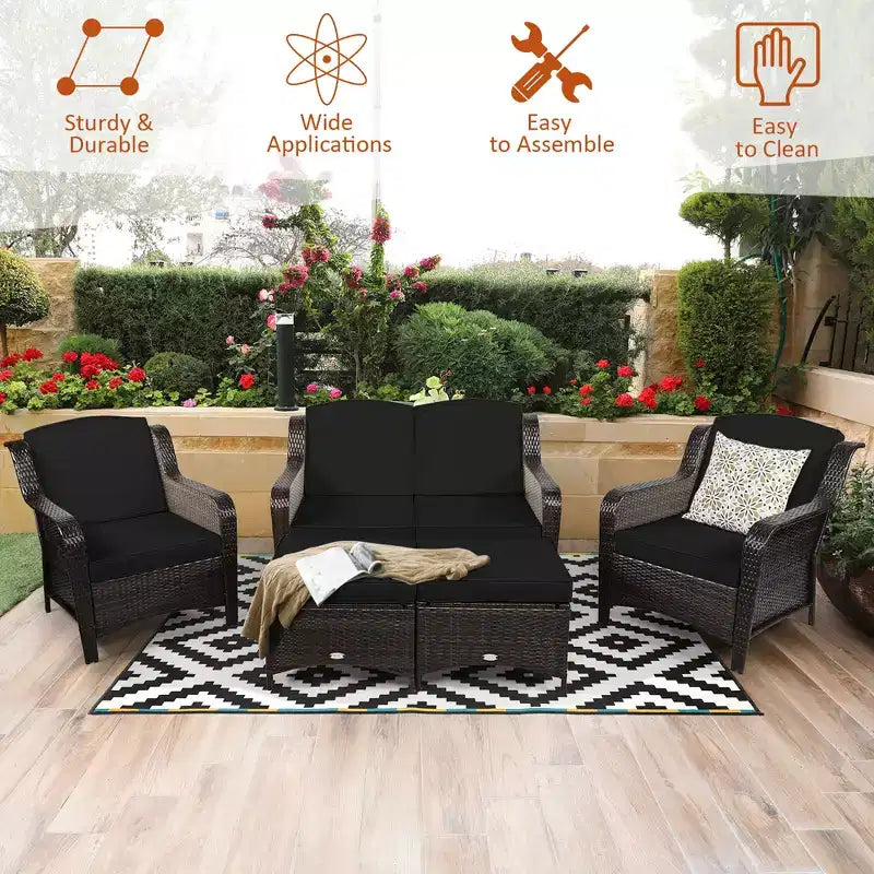 Costway 5PCS Patio Rattan Furniture Set Loveseat Sofa Ottoman W/Red\White Cushion