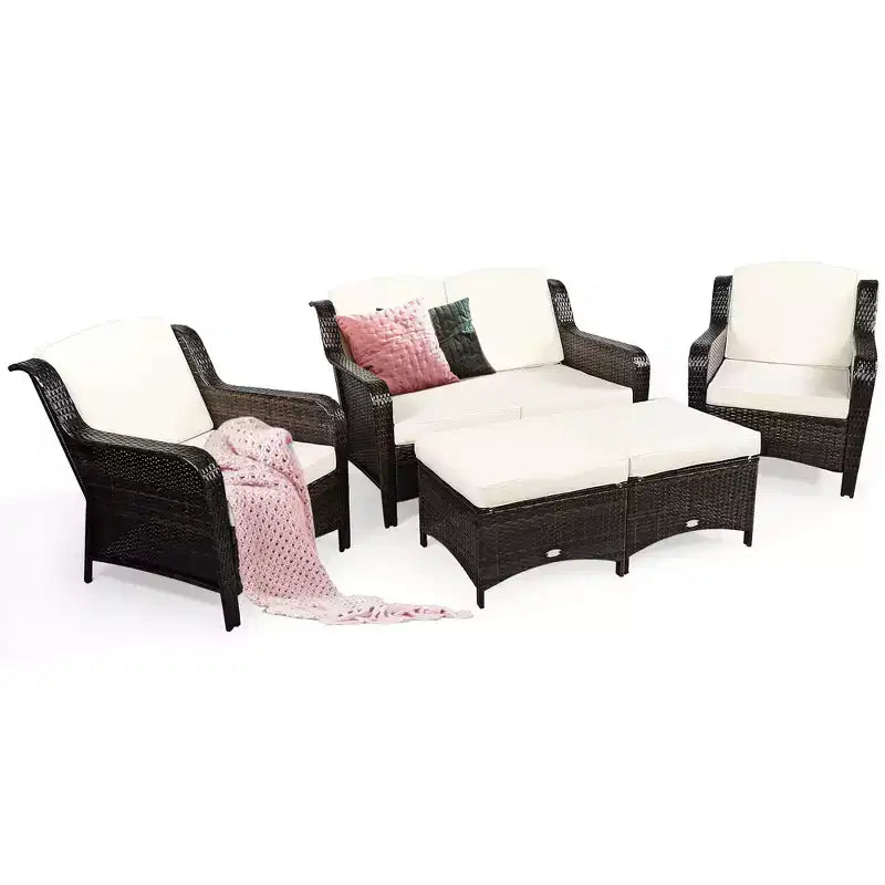 Costway 5PCS Patio Rattan Furniture Set Loveseat Sofa Ottoman W/Red\White Cushion