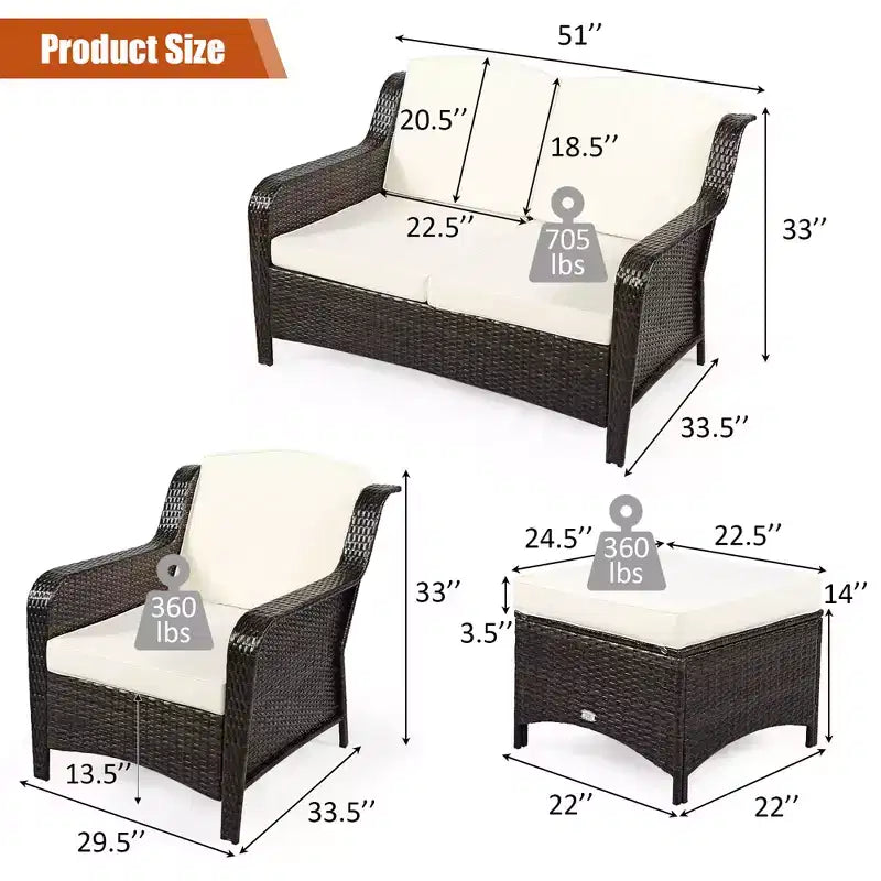 Costway 5PCS Patio Rattan Furniture Set Loveseat Sofa Ottoman W/Red\White Cushion