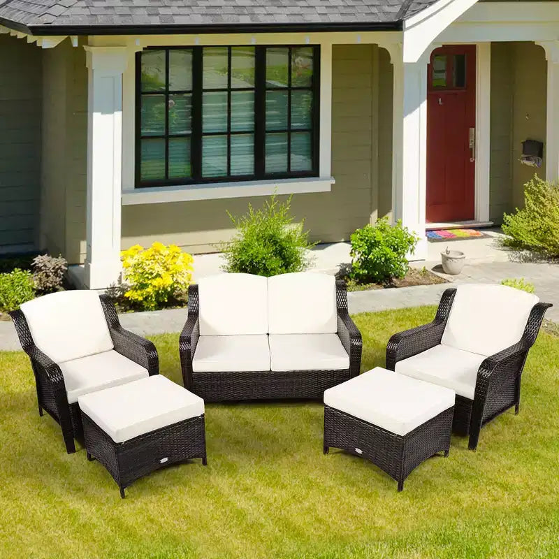 Costway 5PCS Patio Rattan Furniture Set Loveseat Sofa Ottoman W/Red\White Cushion
