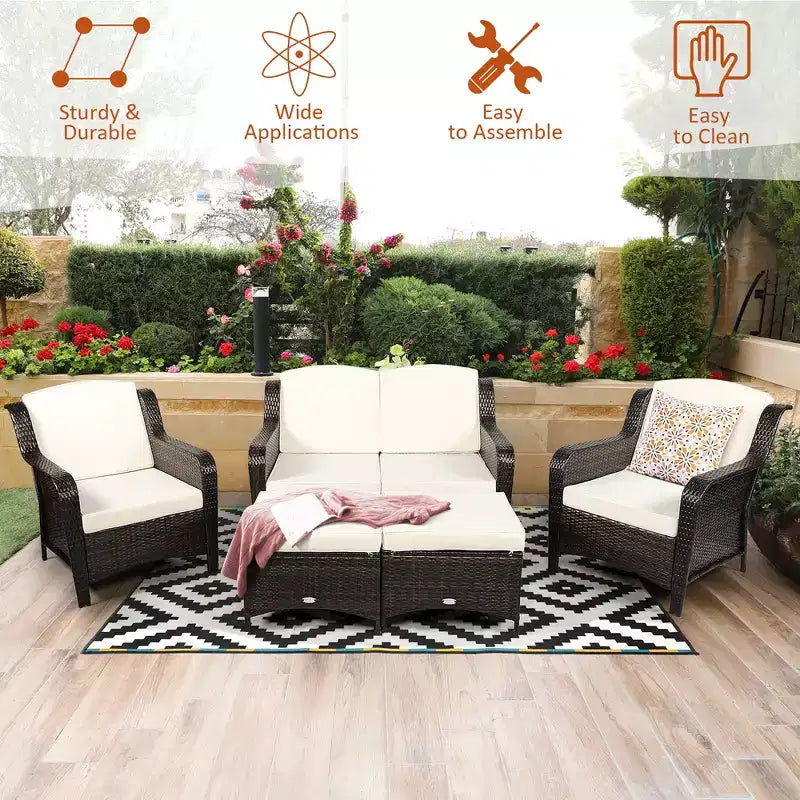 Costway 5PCS Patio Rattan Furniture Set Loveseat Sofa Ottoman W/Red\White Cushion