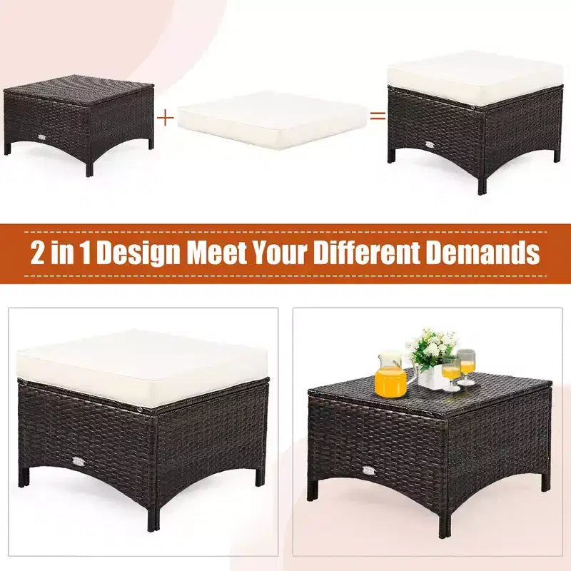 Costway 5PCS Patio Rattan Furniture Set Loveseat Sofa Ottoman W/Red\White Cushion