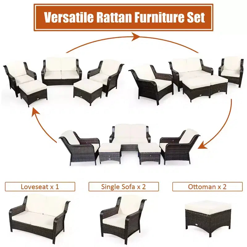 Costway 5PCS Patio Rattan Furniture Set Loveseat Sofa Ottoman W/Red\White Cushion