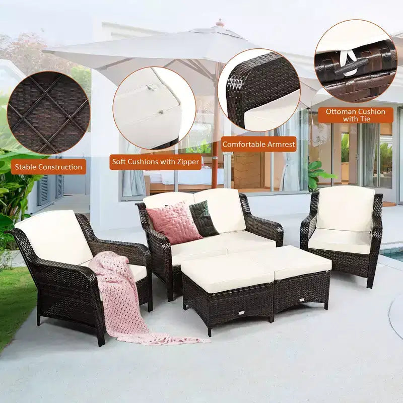 Costway 5PCS Patio Rattan Furniture Set Loveseat Sofa Ottoman W/Red\White Cushion