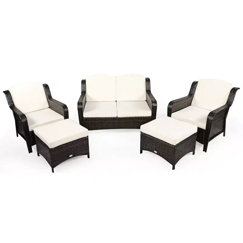 Costway 5PCS Patio Rattan Furniture Set Loveseat Sofa Ottoman W/Red\White Cushion