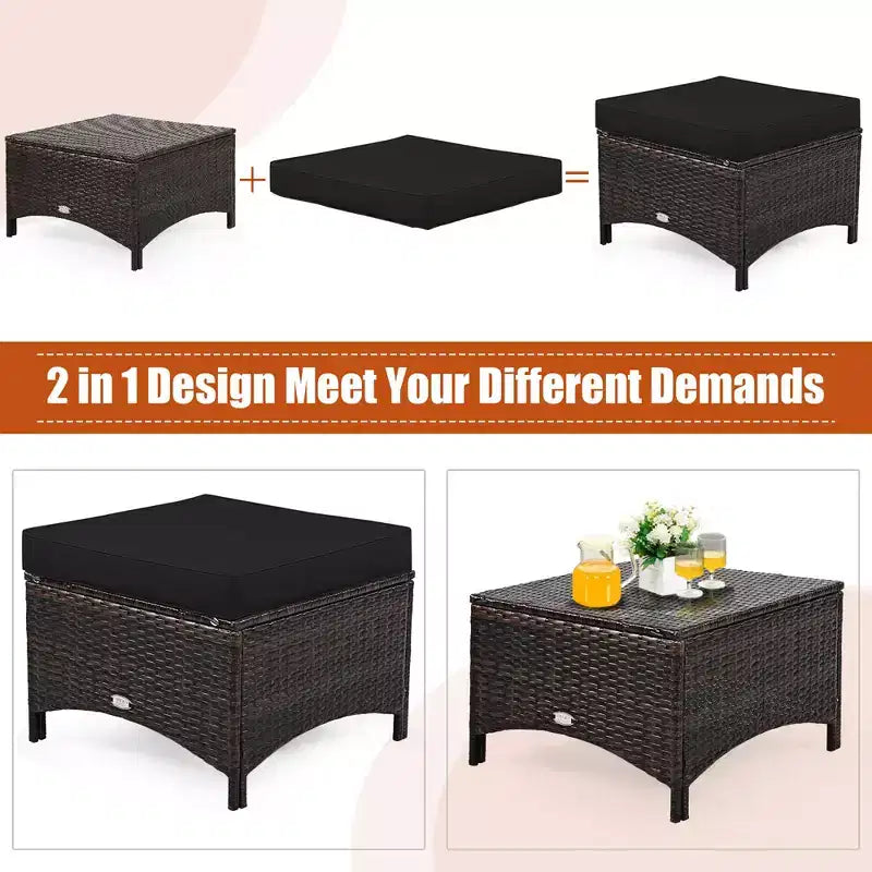 Costway 5PCS Patio Rattan Furniture Set Loveseat Sofa Ottoman W/Red\White Cushion