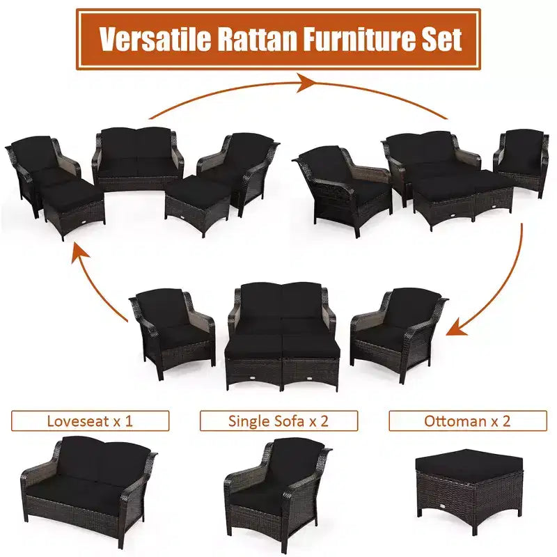 Costway 5PCS Patio Rattan Furniture Set Loveseat Sofa Ottoman W/Red\White Cushion