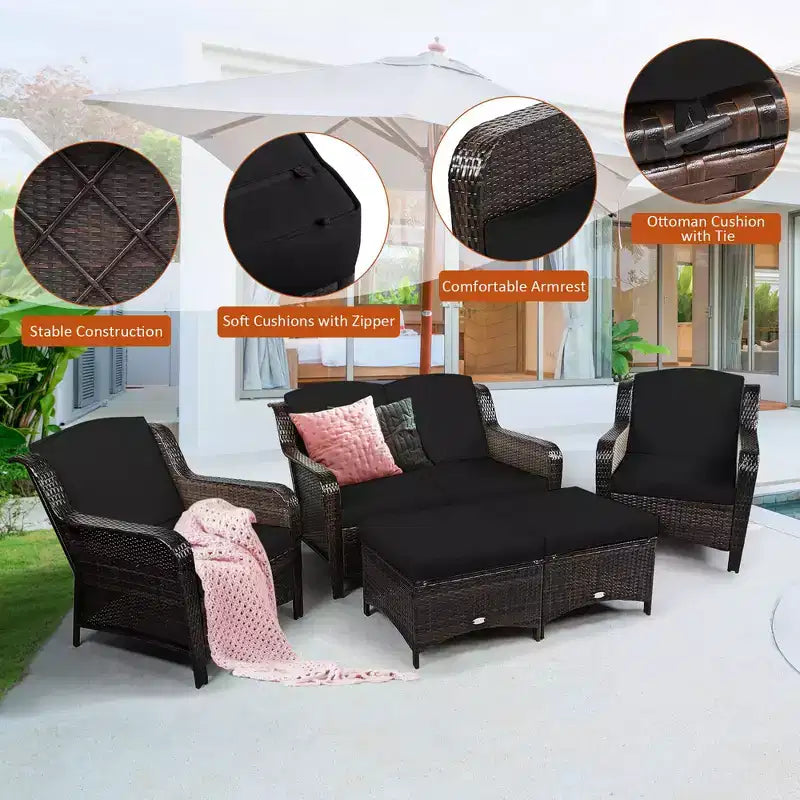 Costway 5PCS Patio Rattan Furniture Set Loveseat Sofa Ottoman W/Red\White Cushion