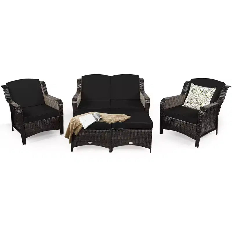 Costway 5PCS Patio Rattan Furniture Set Loveseat Sofa Ottoman W/Red\White Cushion
