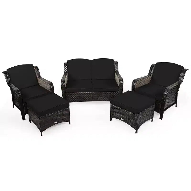 Costway 5PCS Patio Rattan Furniture Set Loveseat Sofa Ottoman W/Red\White Cushion