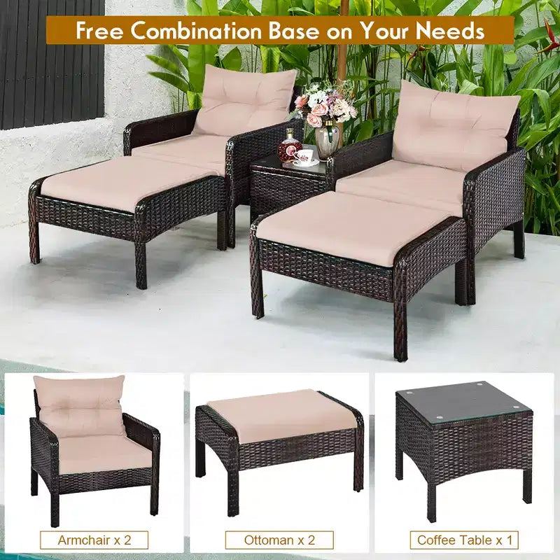 Costway 5 PCS Rattan Wicker Furniture Set Sofa Ottoman W/Brown Cushion Patio Garden Yard