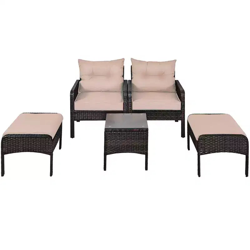 Costway 5 PCS Rattan Wicker Furniture Set Sofa Ottoman W/Brown Cushion Patio Garden Yard