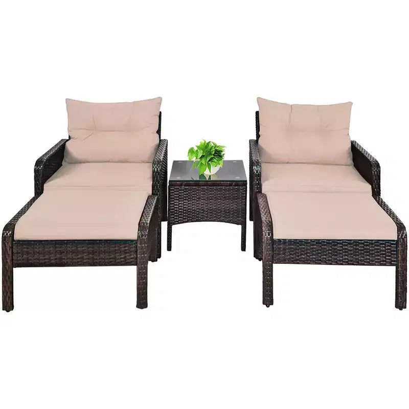 Costway 5 PCS Rattan Wicker Furniture Set Sofa Ottoman W/Brown Cushion Patio Garden Yard