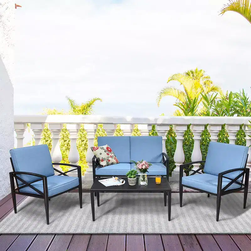Costway 8PCS Patio Furniture Set Aluminum Frame Cushioned Sofa Chair Coffee Table Blue